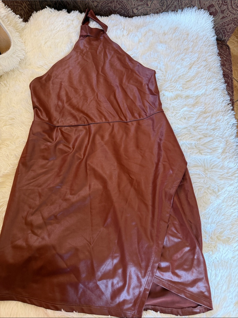 SHEIN One-Shoulder Faux Leather Dress in Rust Brown